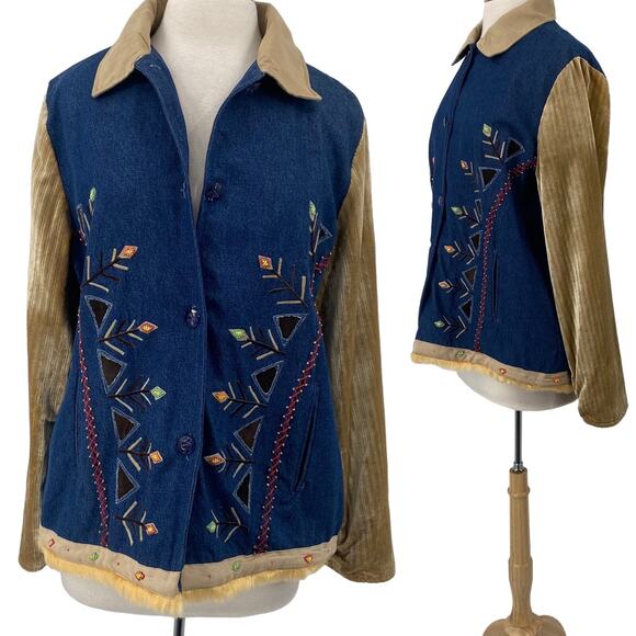 Vintage 90s Embellished Jean Jacket Beaded Denim Corduroy Sleeve Womens XL - Picture 1 of 12